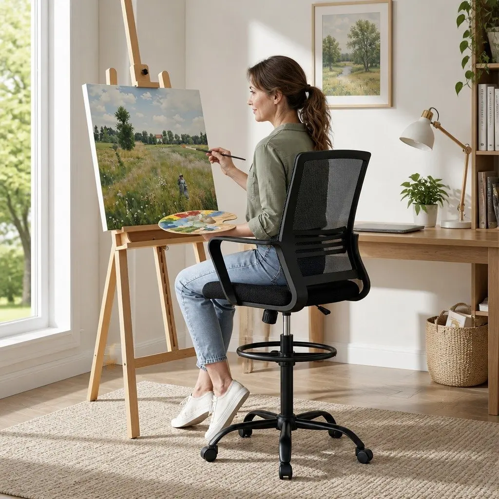 Black Adjustable Drafting Chair with Chrome Base and Mesh Seating