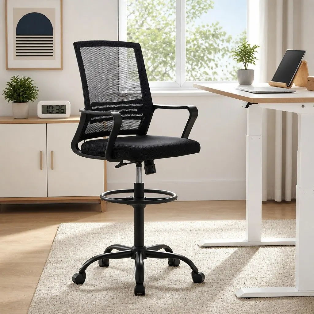 Black Adjustable Drafting Chair with Chrome Base and Mesh Seating
