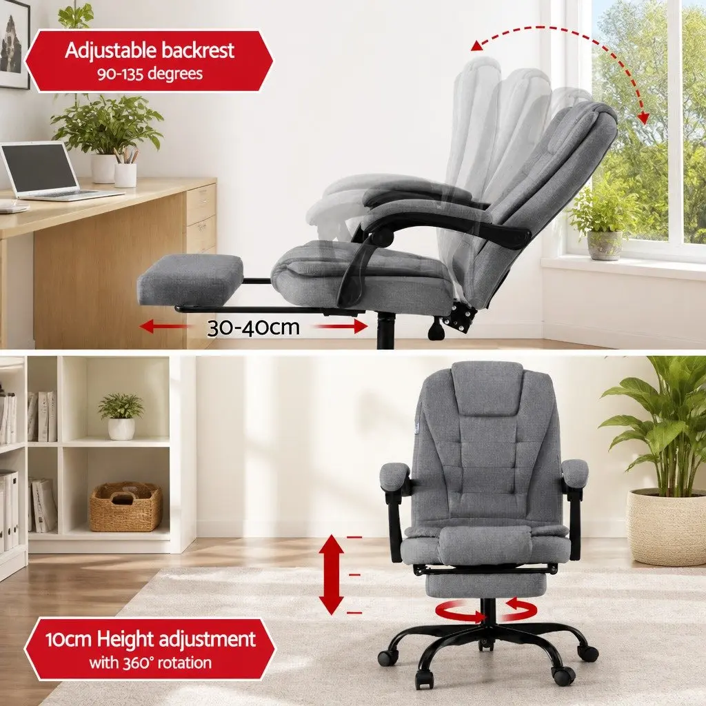 Office Chair for Office and Home Grey Fabric High Back 360° Swivel with Retractable Footrest