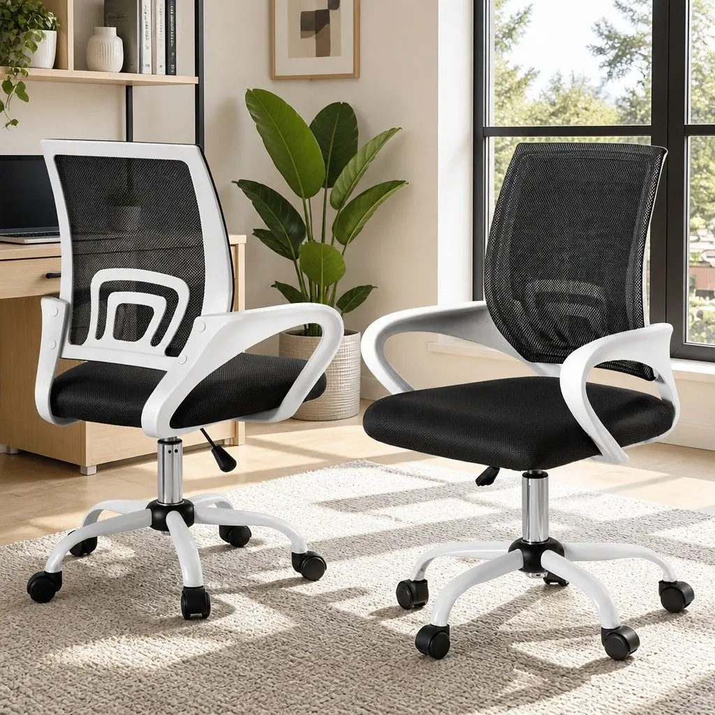 White Mid-Back Mesh Office Chairs x2