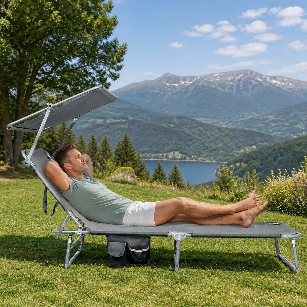 Foldable Lounge Chair with Rotating Canopy Shade Outdoor Patio Beach Poolside