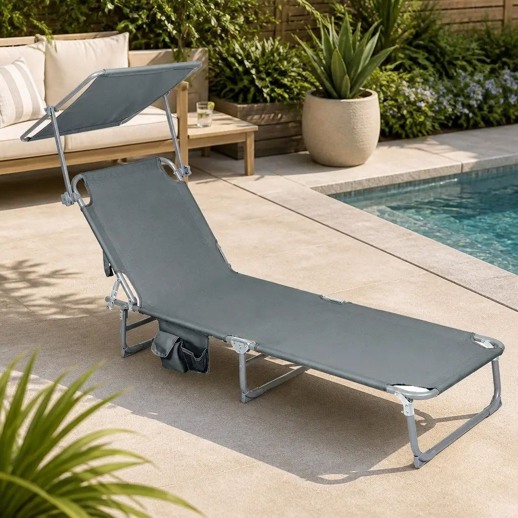 Foldable Lounge Chair with Rotating Canopy Shade Outdoor Patio Beach Poolside