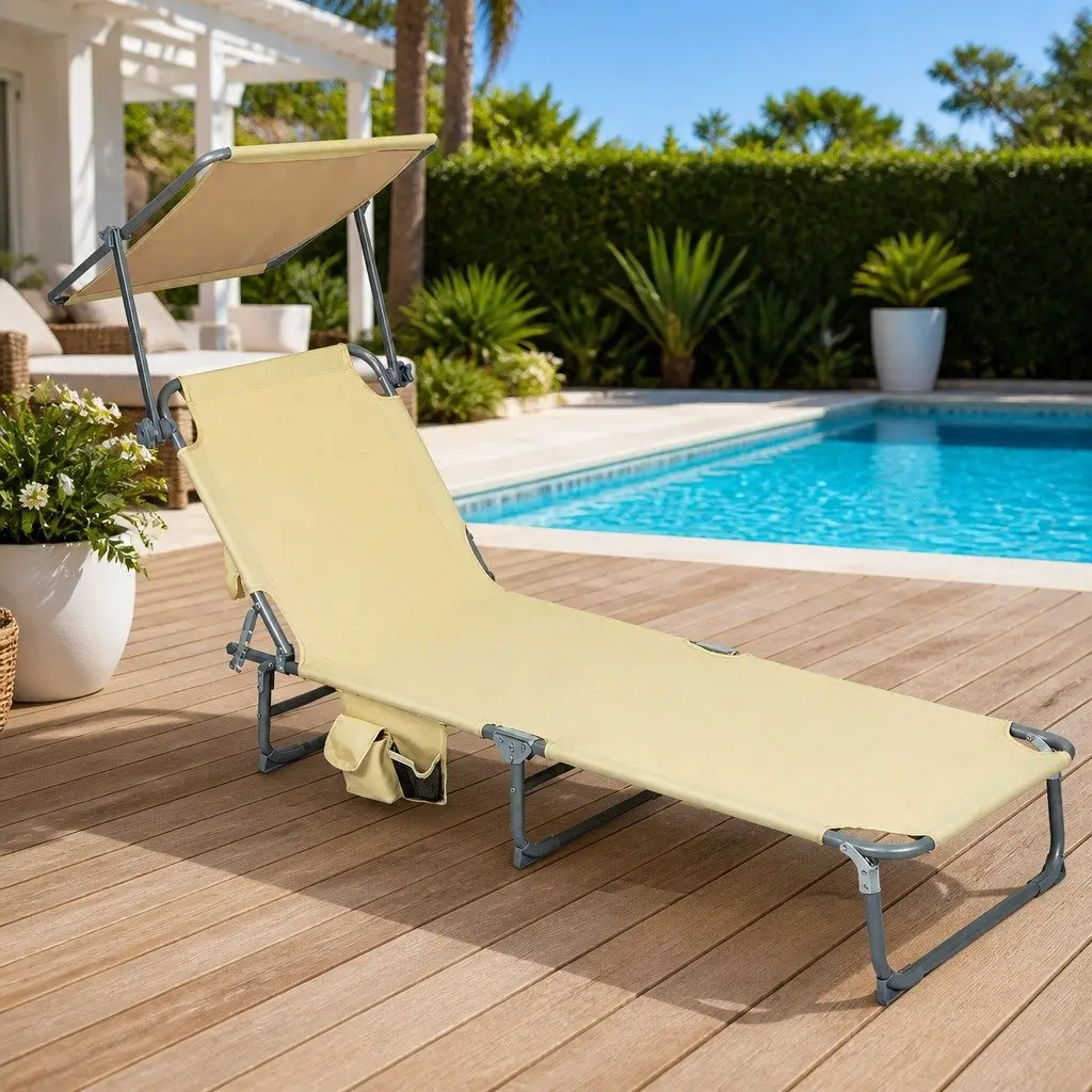 Foldable Lounge Chair Outdoor Patio Beach Poolside with Removable Canopy and Adjustable Backrest