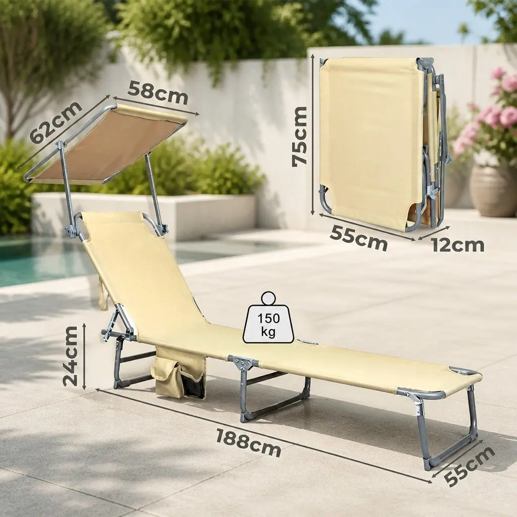Foldable Lounge Chair Outdoor Patio Beach Poolside with Removable Canopy and Adjustable Backrest