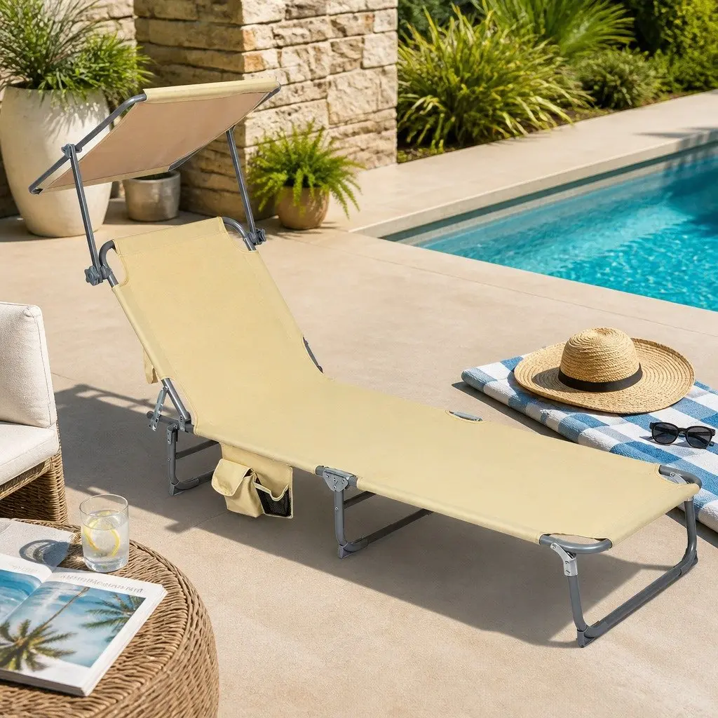 Foldable Lounge Chair Outdoor Patio Beach Poolside with Removable Canopy and Adjustable Backrest