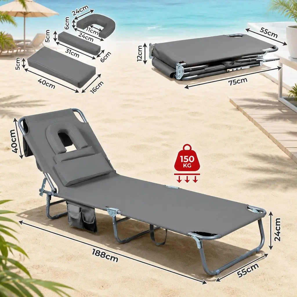 Foldable Beach Lounge Chair with Face Hole Adjustable Backrest Outdoor Patio