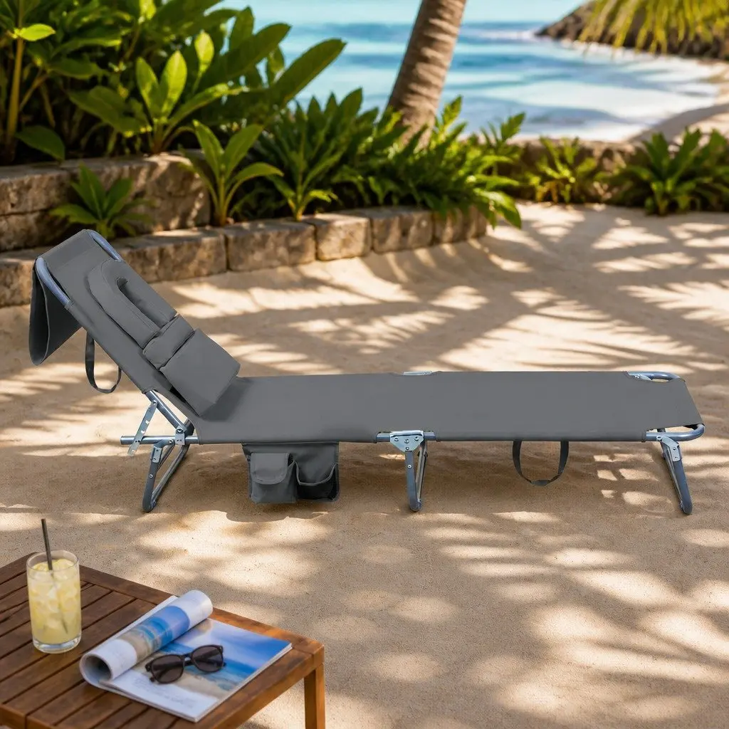 Foldable Beach Lounge Chair with Face Hole Adjustable Backrest Outdoor Patio