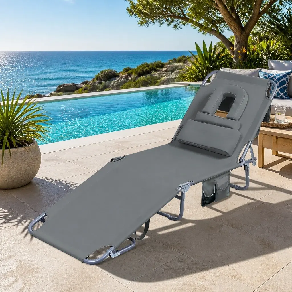 Foldable Beach Lounge Chair with Face Hole Adjustable Backrest Outdoor Patio