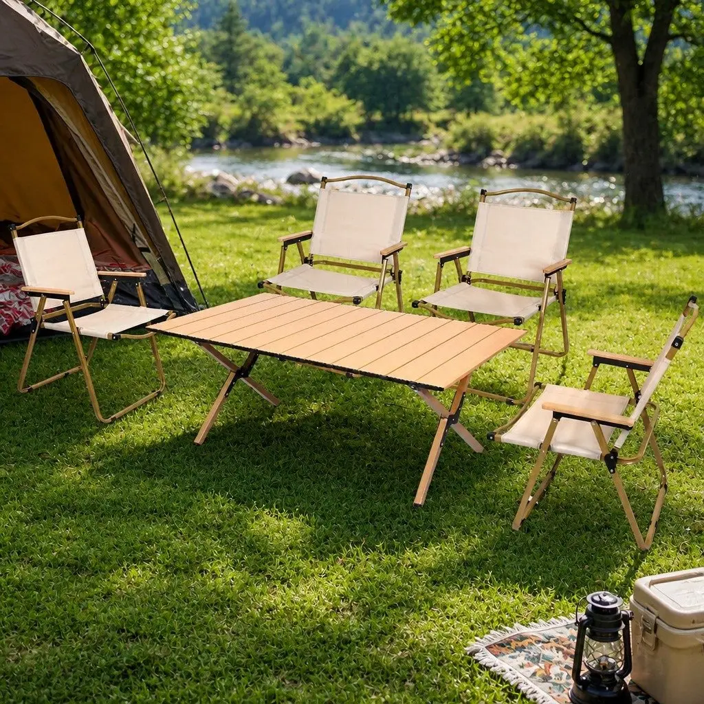 Folding Camping Table Chair Set Outdoor Picnic Portable Lightweight Beech