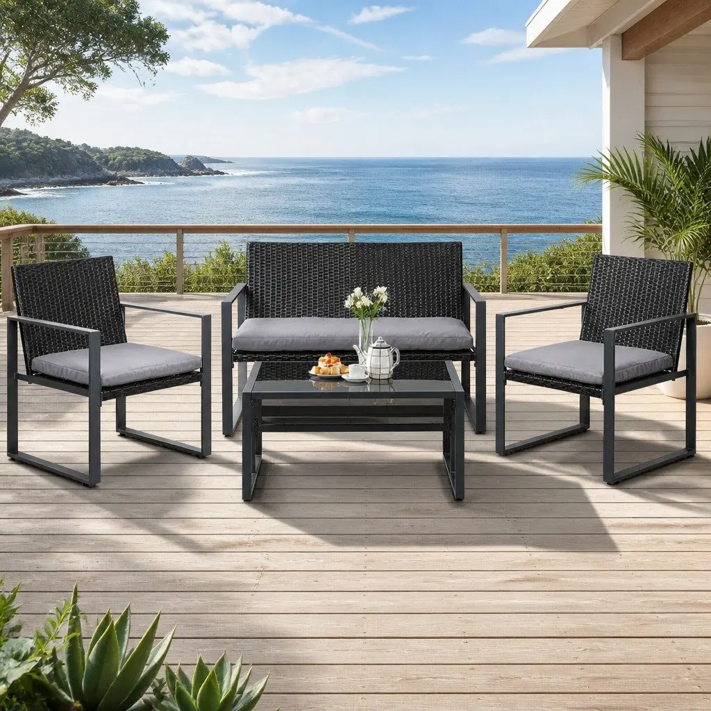 4 Piece Outdoor Sofa Set Patio Furniture Black Rattan Chairs Glass Table