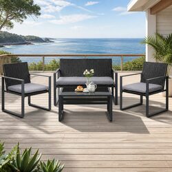 4 Piece Outdoor Sofa Set Rattan Chairs Glass Table Patio Furniture Black