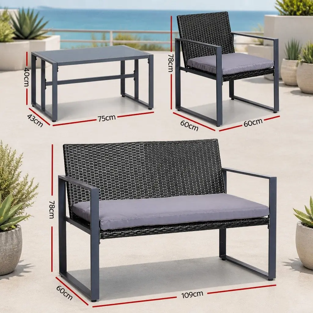 4 Piece Outdoor Sofa Set Patio Furniture Black Rattan Chairs Glass Table