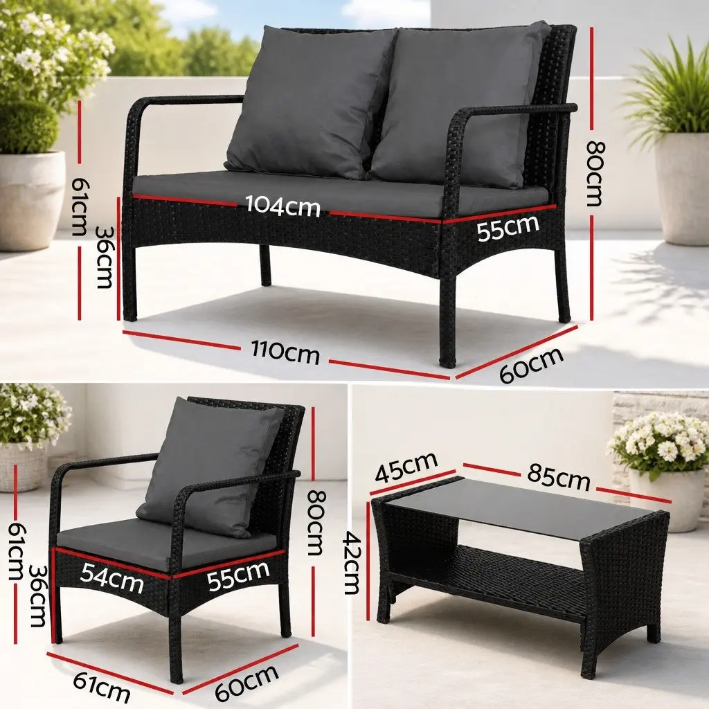 Wicker Lounge Set 4-Piece Outdoor Garden Patio Furniture with Cushions and Coffee Table