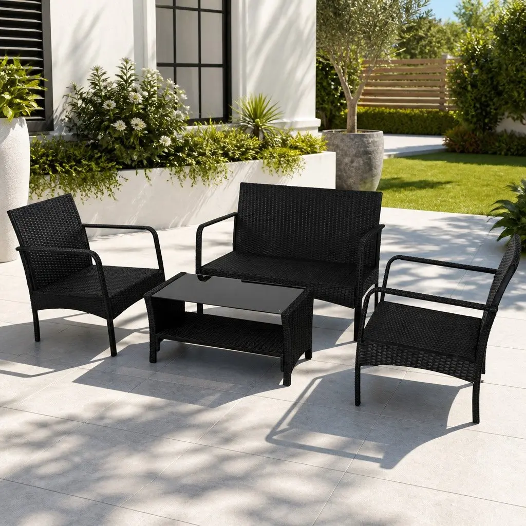 Wicker Lounge Set 4-Piece Outdoor Garden Patio Furniture with Cushions and Coffee Table