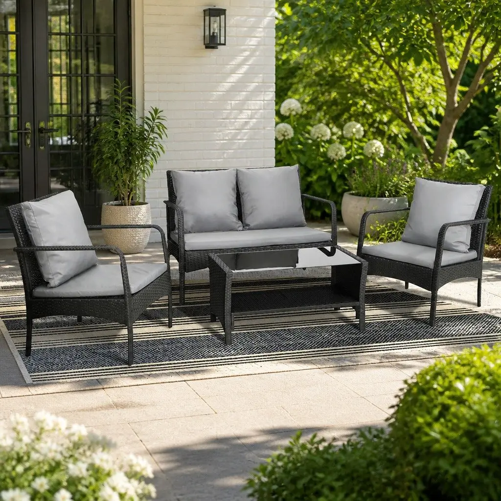 Wicker Lounge Set 4-Piece Outdoor Garden Patio Furniture with Cushions and Coffee Table