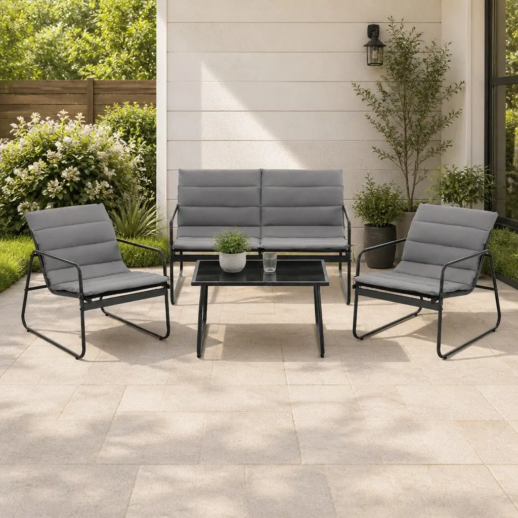 4 Piece Outdoor Sofa Set for Patio Balcony Garden with Tempered Glass Table and Textilene Chairs