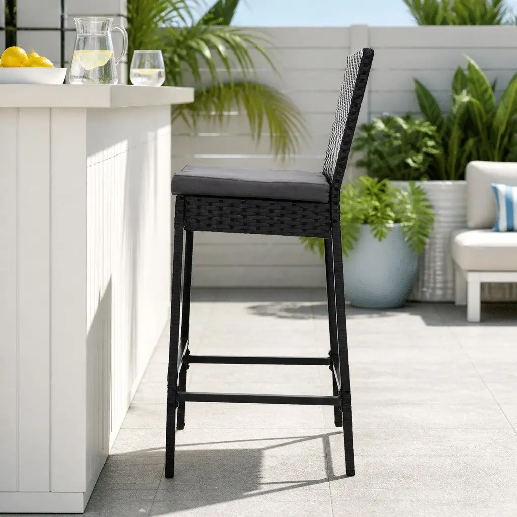 Outdoor Bar Stools 2-Piece Set Hand-Woven Rattan Dining Chair Patio Furniture