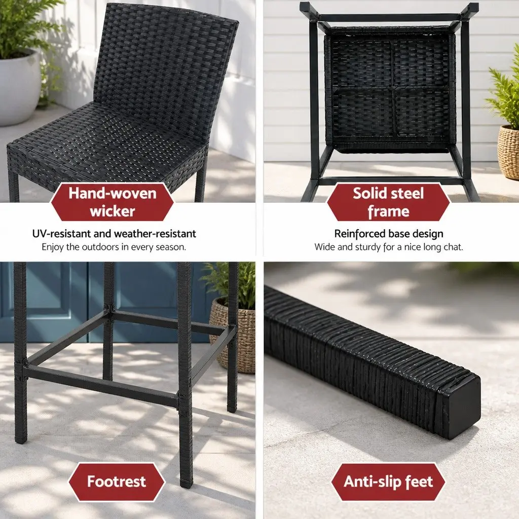 Outdoor Bar Stools 2-Piece Set Hand-Woven Rattan Dining Chair Patio Furniture