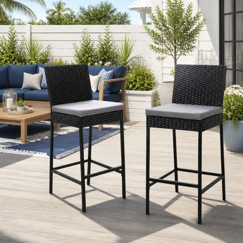 Outdoor Bar Stools 2-Piece Set Hand-Woven Rattan Dining Chair Patio Furniture