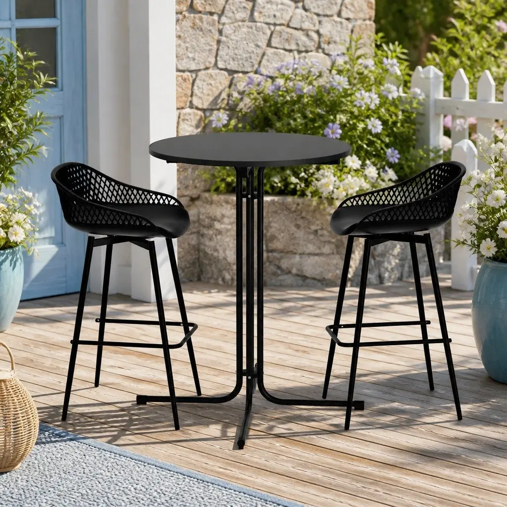 3 Piece Outdoor Dining Set Patio Bar Stools and Table Black