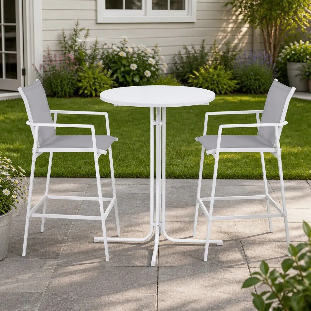 Outdoor Bar Stools Set 3 Piece Patio Dining Furniture Bistro Table Chairs White