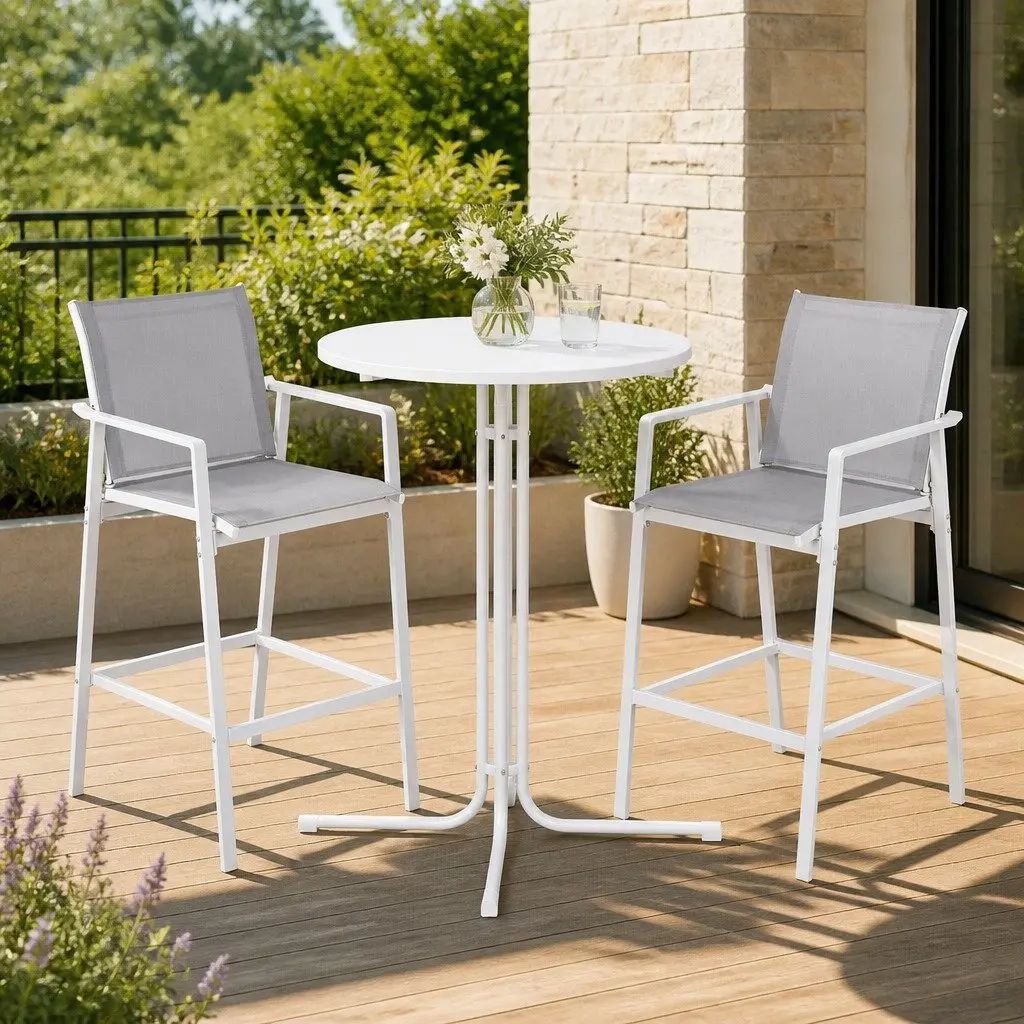 Outdoor Bar Stools Set 3 Piece Patio Dining Furniture Bistro Table Chairs White