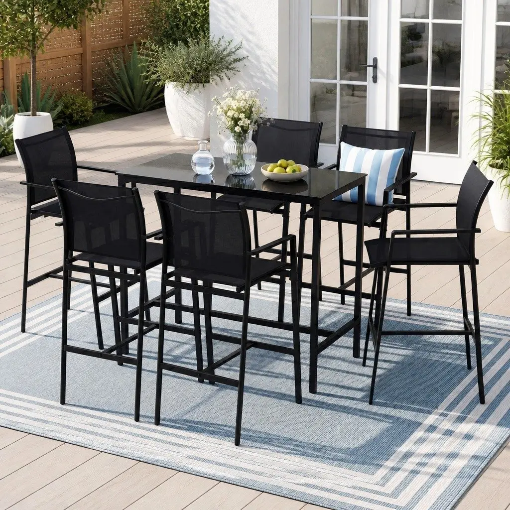 7-Piece Outdoor Bar Stools Dining Set with Table Patio Bistro Black Steel Glass