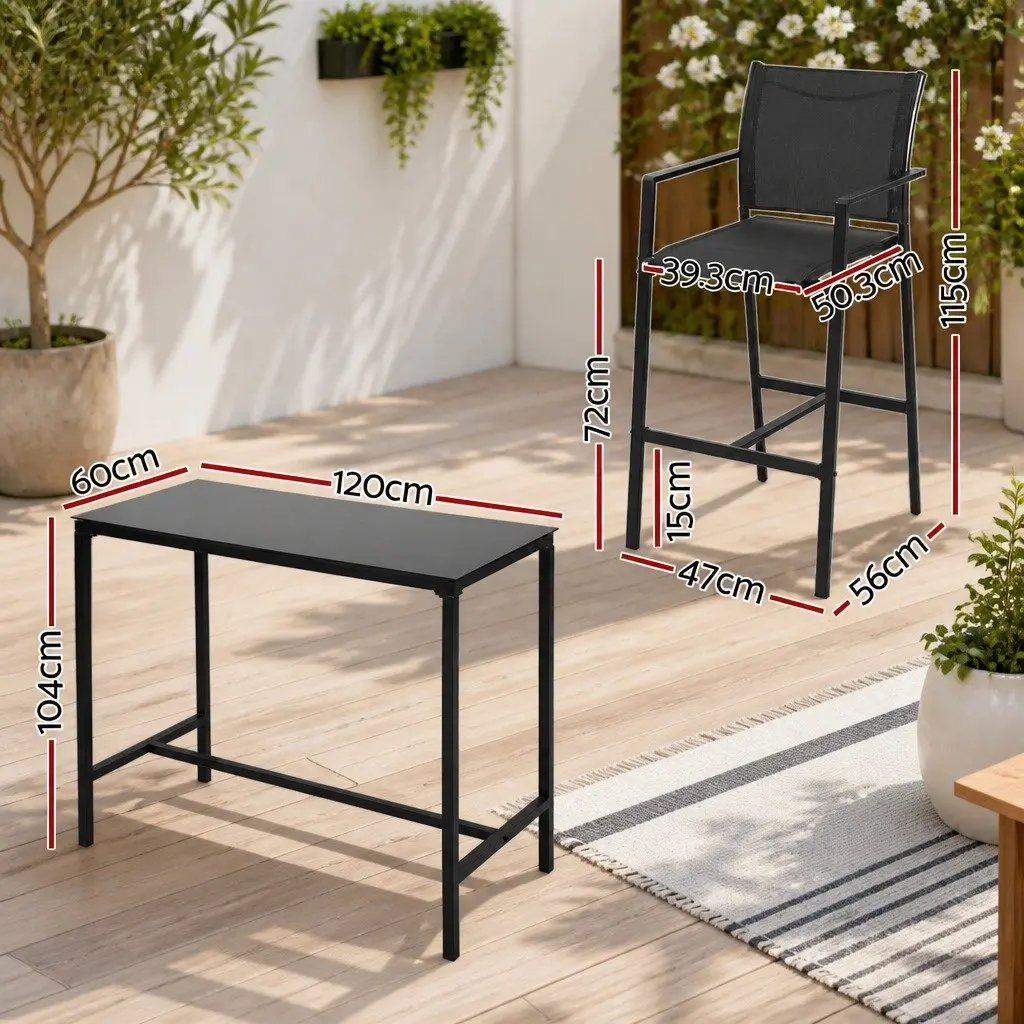 7 Piece Outdoor Bar Stools Dining Set for Patio Garden Poolside Black Steel Glass