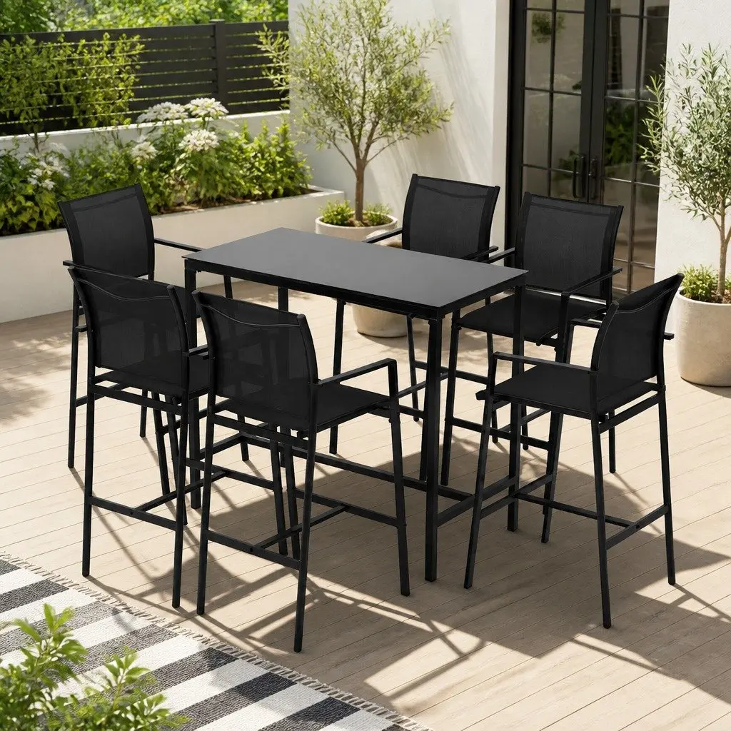 7 Piece Outdoor Bar Stools Dining Set for Patio Garden Poolside Black Steel Glass