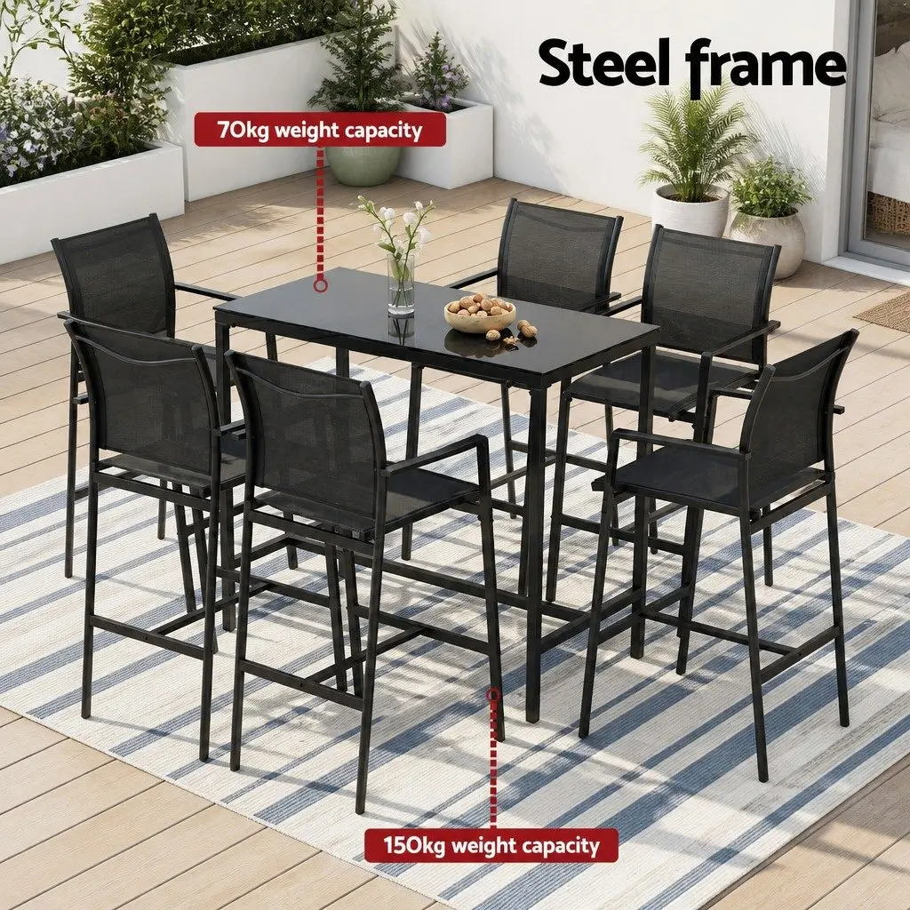 7 Piece Outdoor Bar Stools Dining Set for Patio Garden Poolside Black Steel Glass