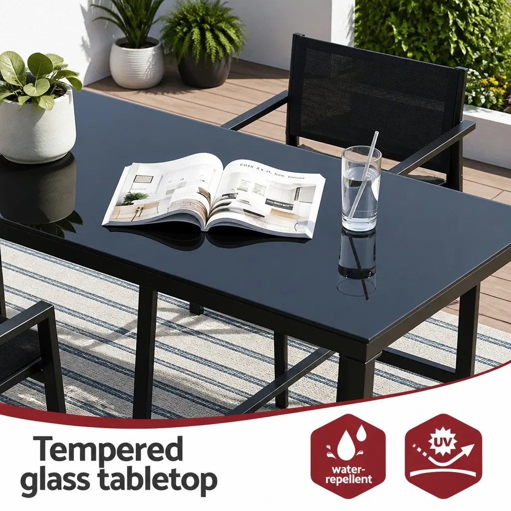 7 Piece Outdoor Bar Stools Dining Set for Patio Garden Poolside Black Steel Glass