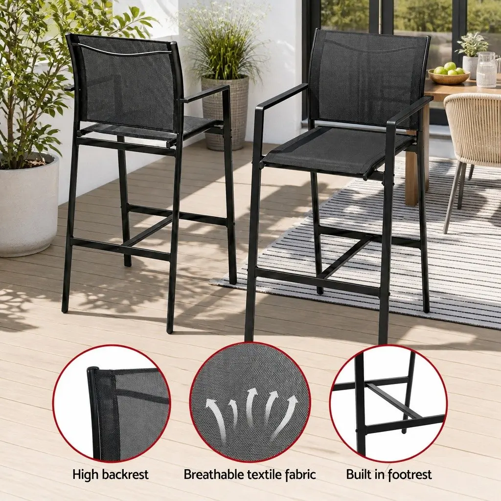 7 Piece Outdoor Bar Stools Dining Set for Patio Garden Poolside Black Steel Glass