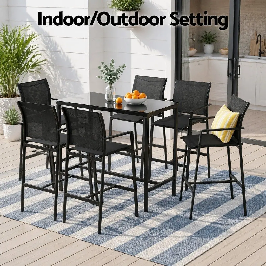7 Piece Outdoor Bar Stools Dining Set for Patio Garden Poolside Black Steel Glass