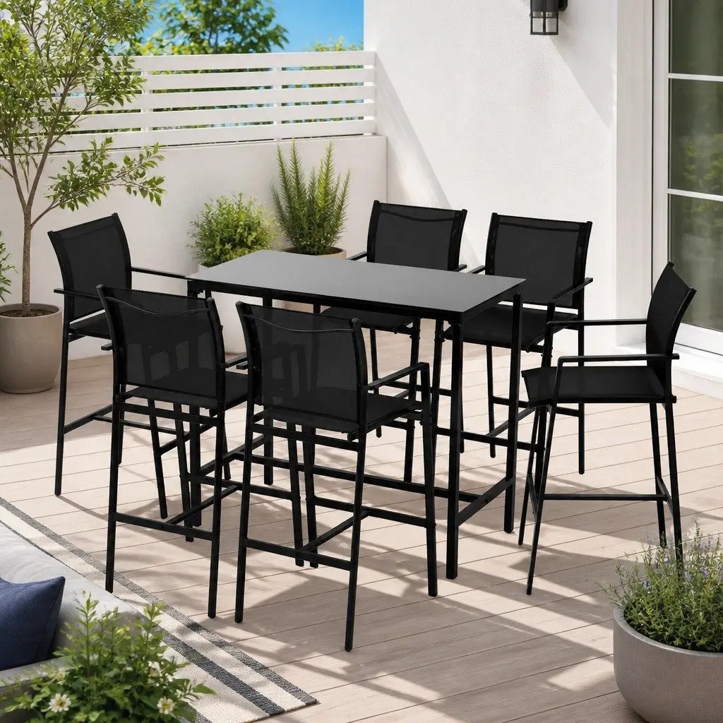 7 Piece Outdoor Bar Stools Dining Set for Patio Garden Poolside Black Steel Glass