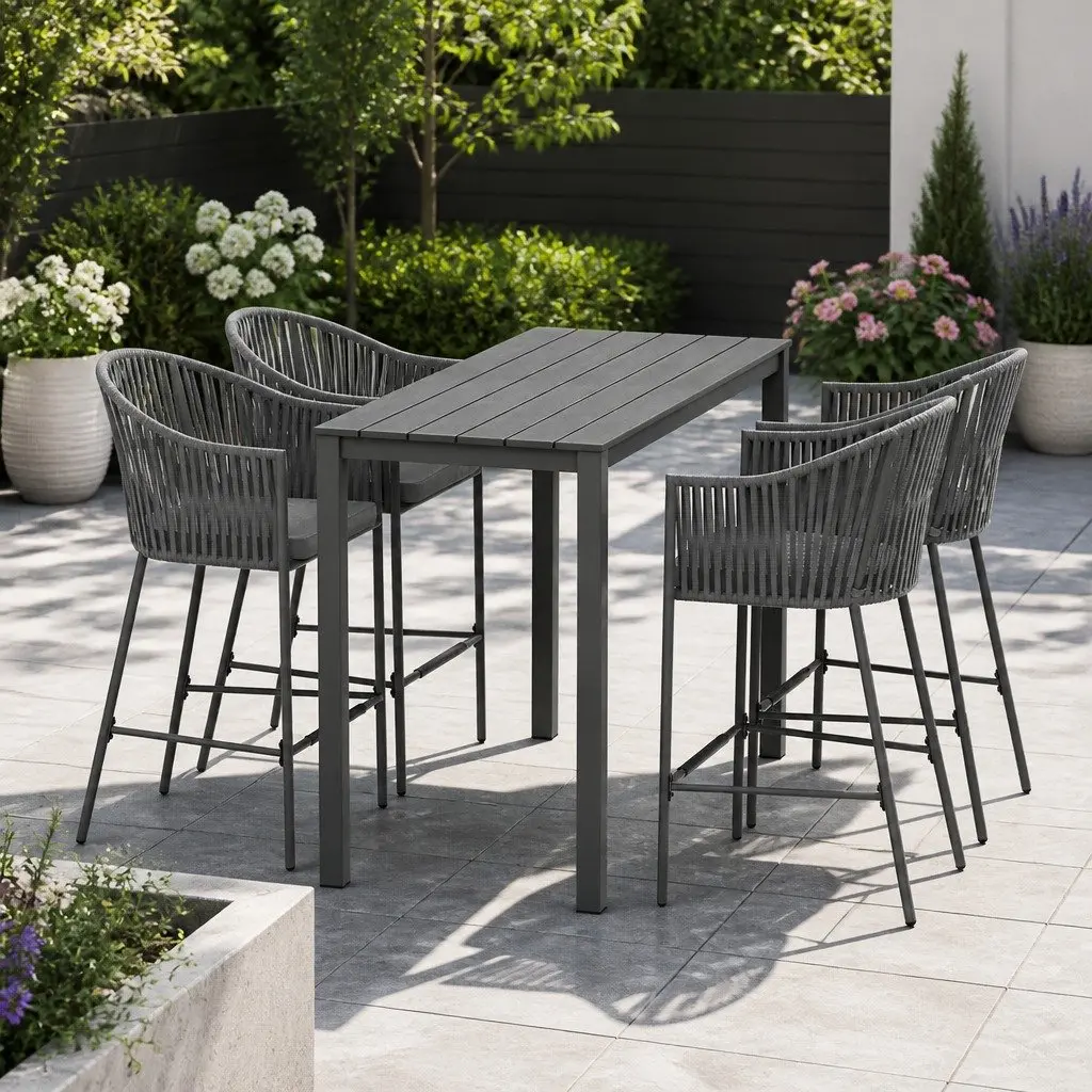 Outdoor Bar Set 5-Piece Dining Patio Furniture Rope Chair Table Grey Cushion