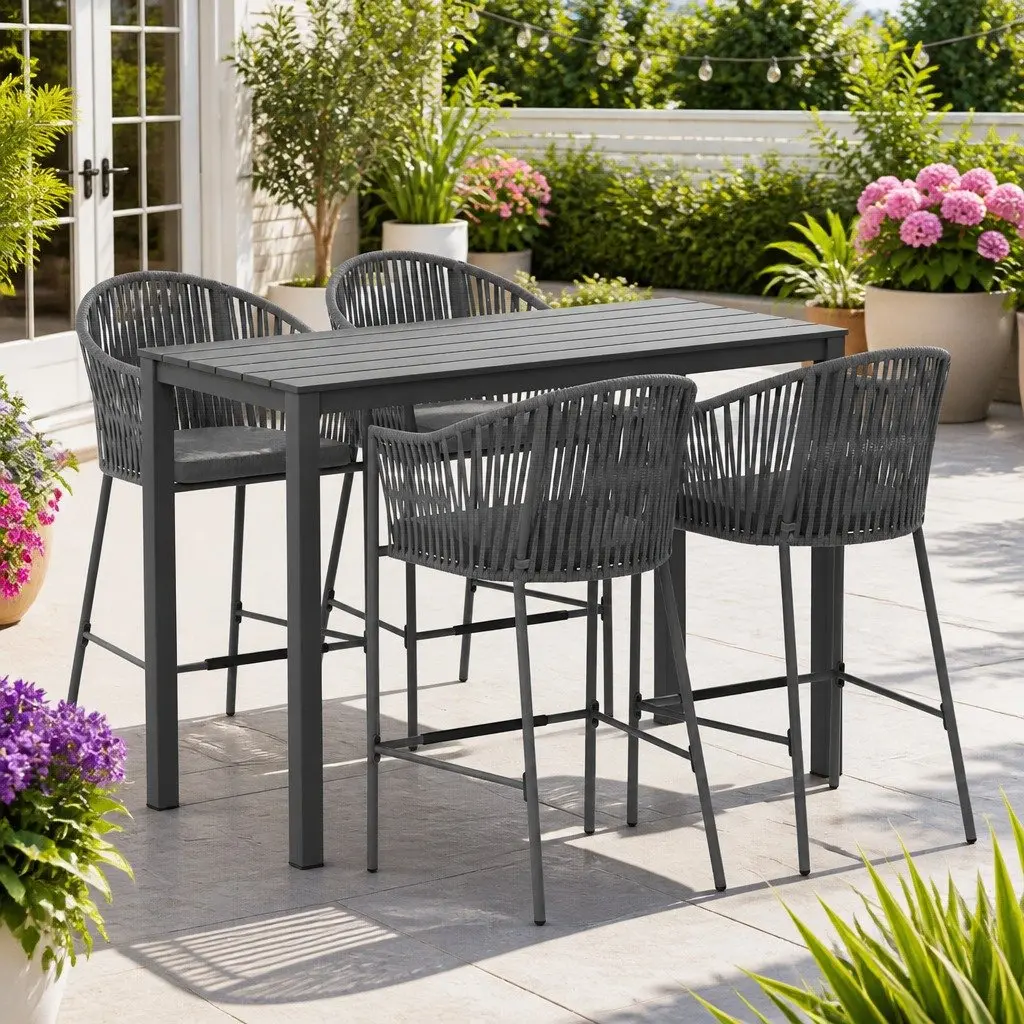 Outdoor Dining Set 5 Piece Patio Furniture for Garden or Outdoor Space Grey Rope Chair Table