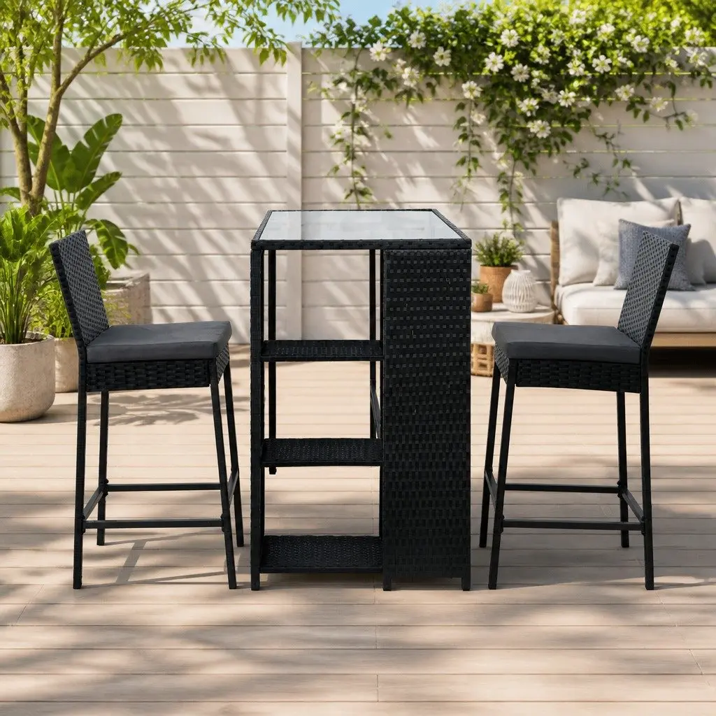 3-Piece Outdoor Bar Set for Patio Use with Wicker Chairs and Table Black