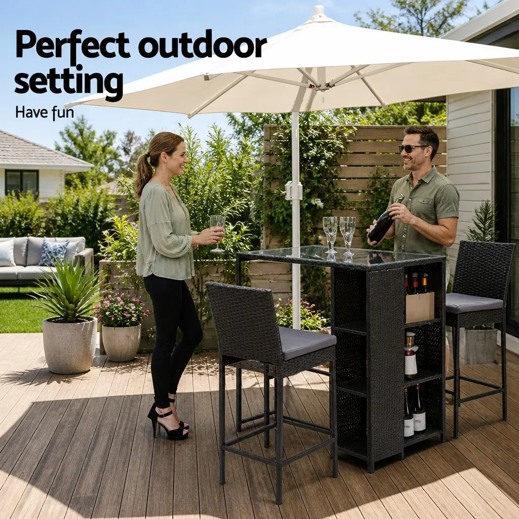3-Piece Outdoor Bar Set for Patio Use with Wicker Chairs and Table Black