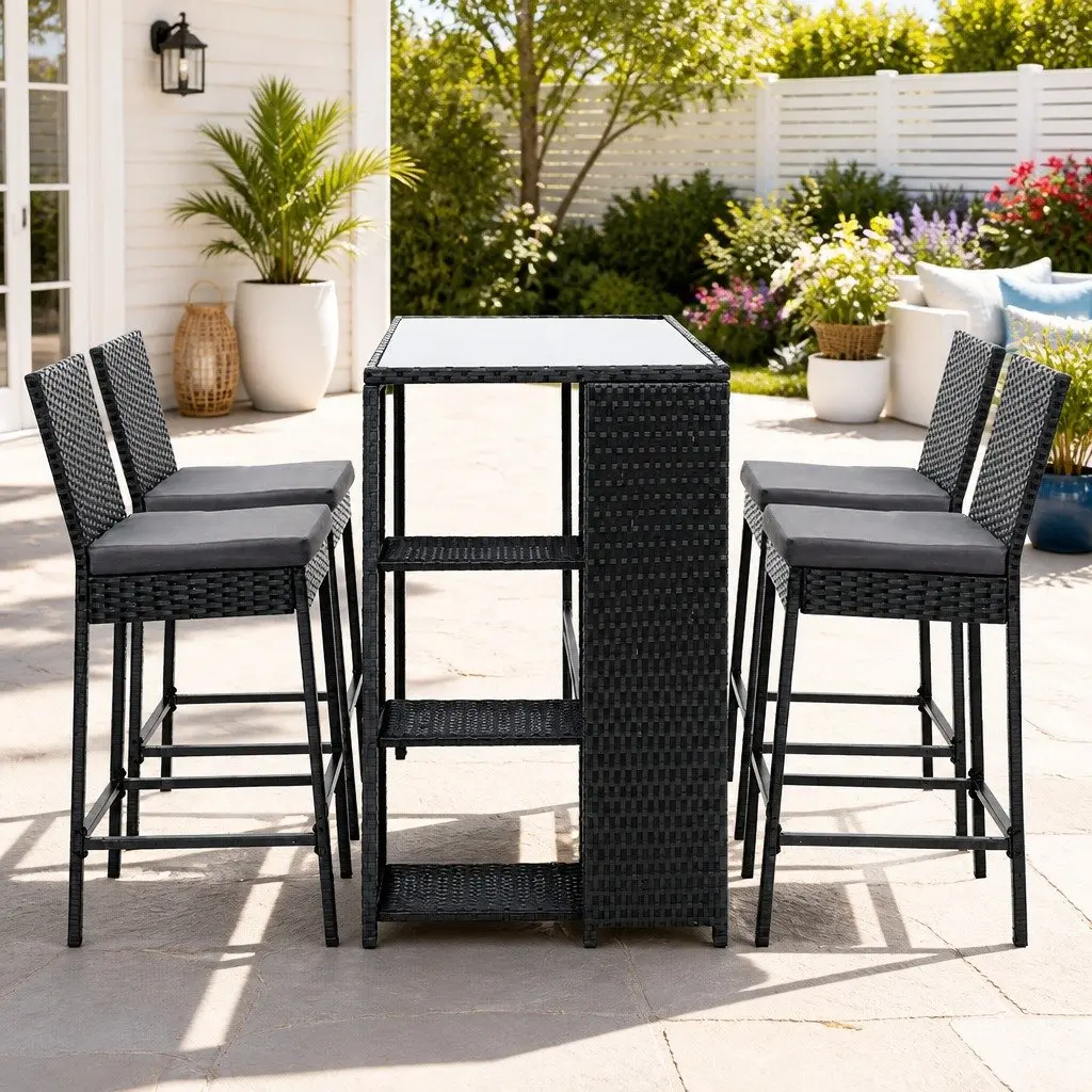 5 Piece Outdoor Bar Set Patio Dining Wicker Table Stools Black Chairs Glass Top