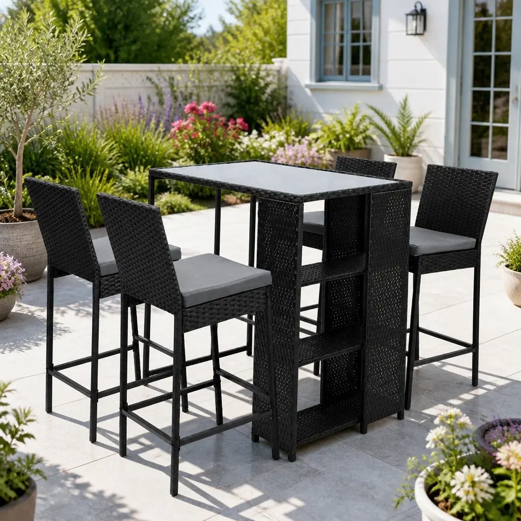 5 Piece Outdoor Bar Set Patio Dining Wicker Table Stools Black Chairs Glass Top