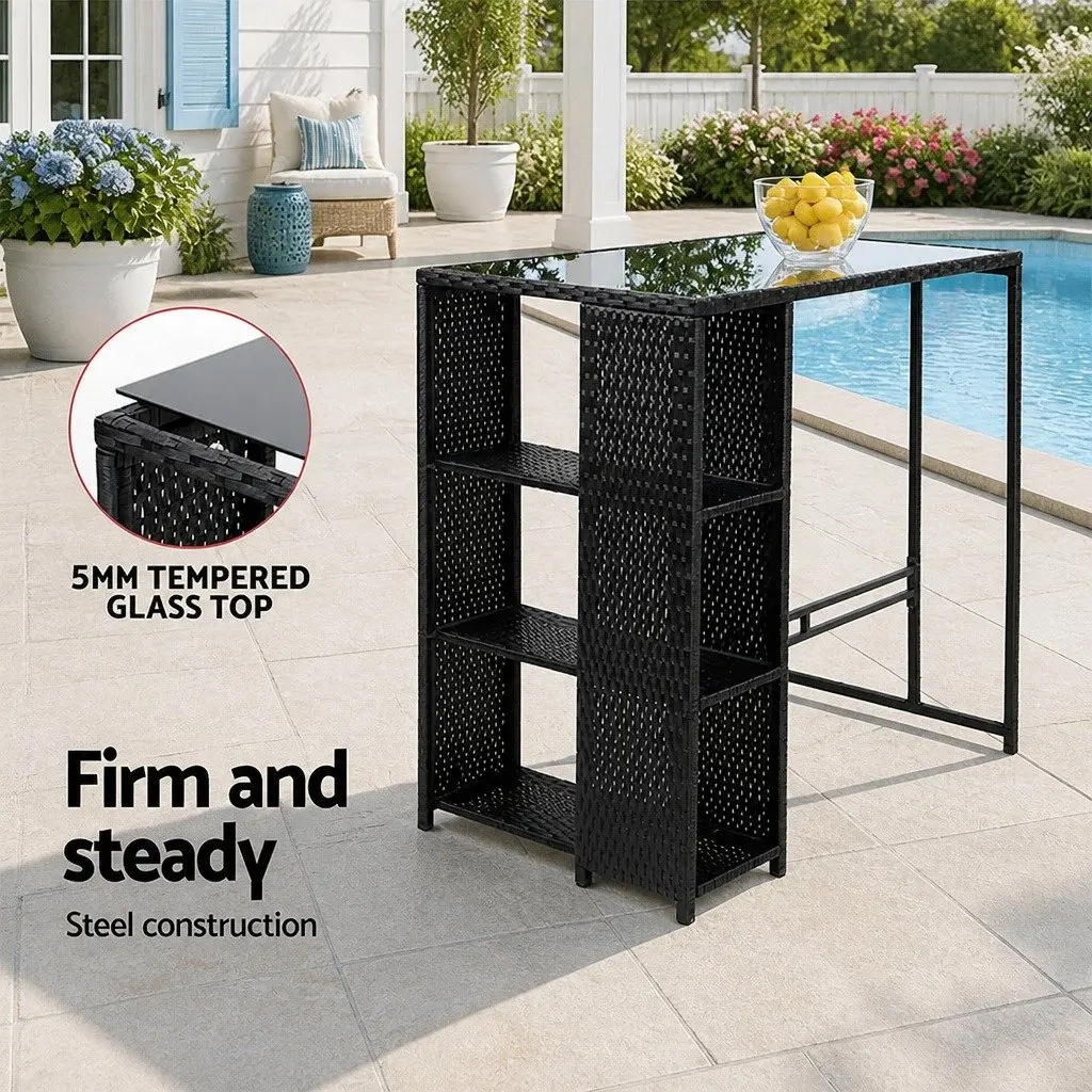 5 Piece Outdoor Bar Set Patio Dining Wicker Table Stools Black Chairs Glass Top