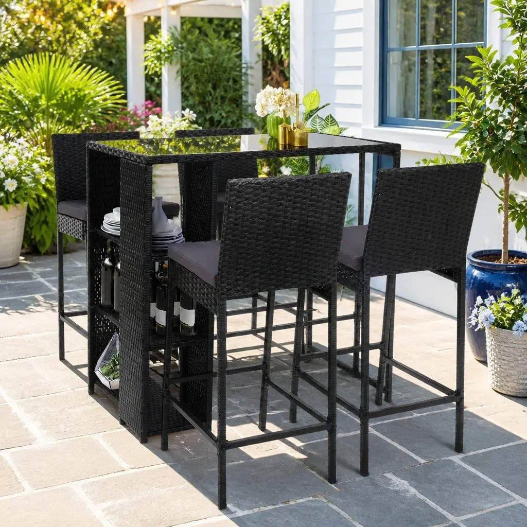 5 Piece Outdoor Bar Set Patio Dining Wicker Table Stools Black Chairs Glass Top