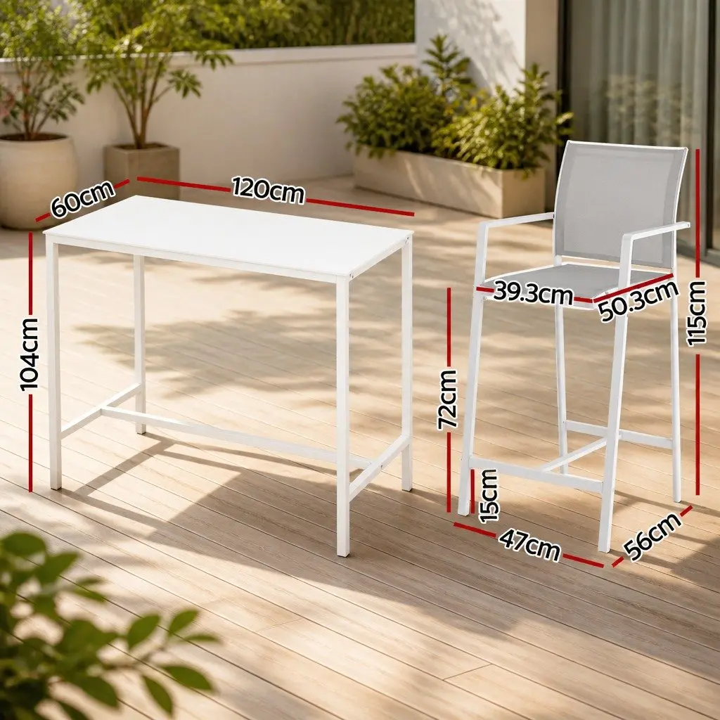 Outdoor Dining Set 7 Piece White Bistro Table Steel Frame High Back Bar Stools with Breathable Fabric Seats for Garden Poolside or Balcony