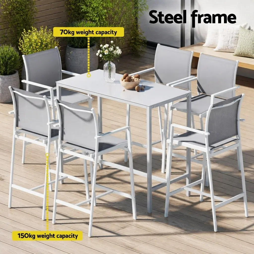 Outdoor Dining Set 7 Piece White Bistro Table Steel Frame High Back Bar Stools with Breathable Fabric Seats for Garden Poolside or Balcony