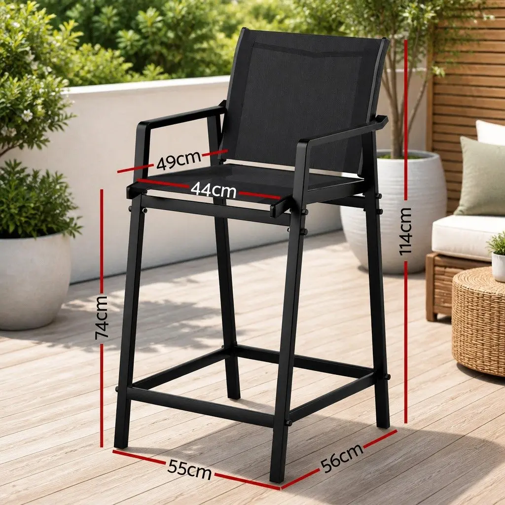 Black Steel Frame Outdoor Bar Stools Set for Patio Dining Garden Furniture 2 Pieces