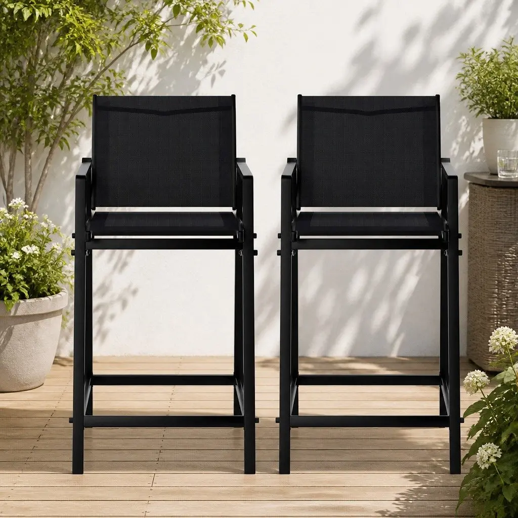 Black Steel Frame Outdoor Bar Stools Set for Patio Dining Garden Furniture 2 Pieces