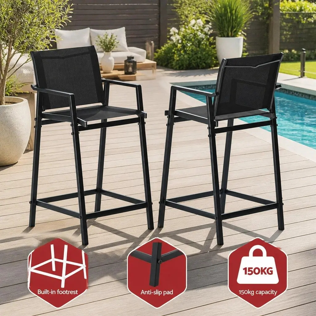 Black Steel Frame Outdoor Bar Stools Set for Patio Dining Garden Furniture 2 Pieces