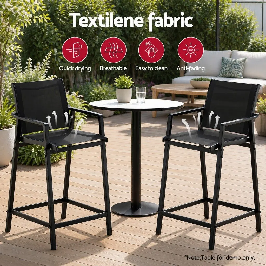 Black Steel Frame Outdoor Bar Stools Set for Patio Dining Garden Furniture 2 Pieces