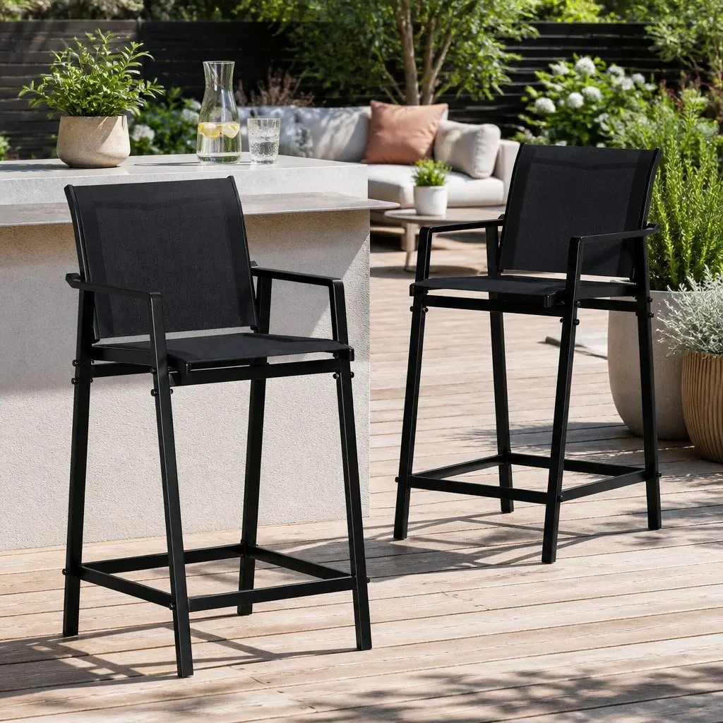 Black Steel Frame Outdoor Bar Stools Set for Patio Dining Garden Furniture 2 Pieces