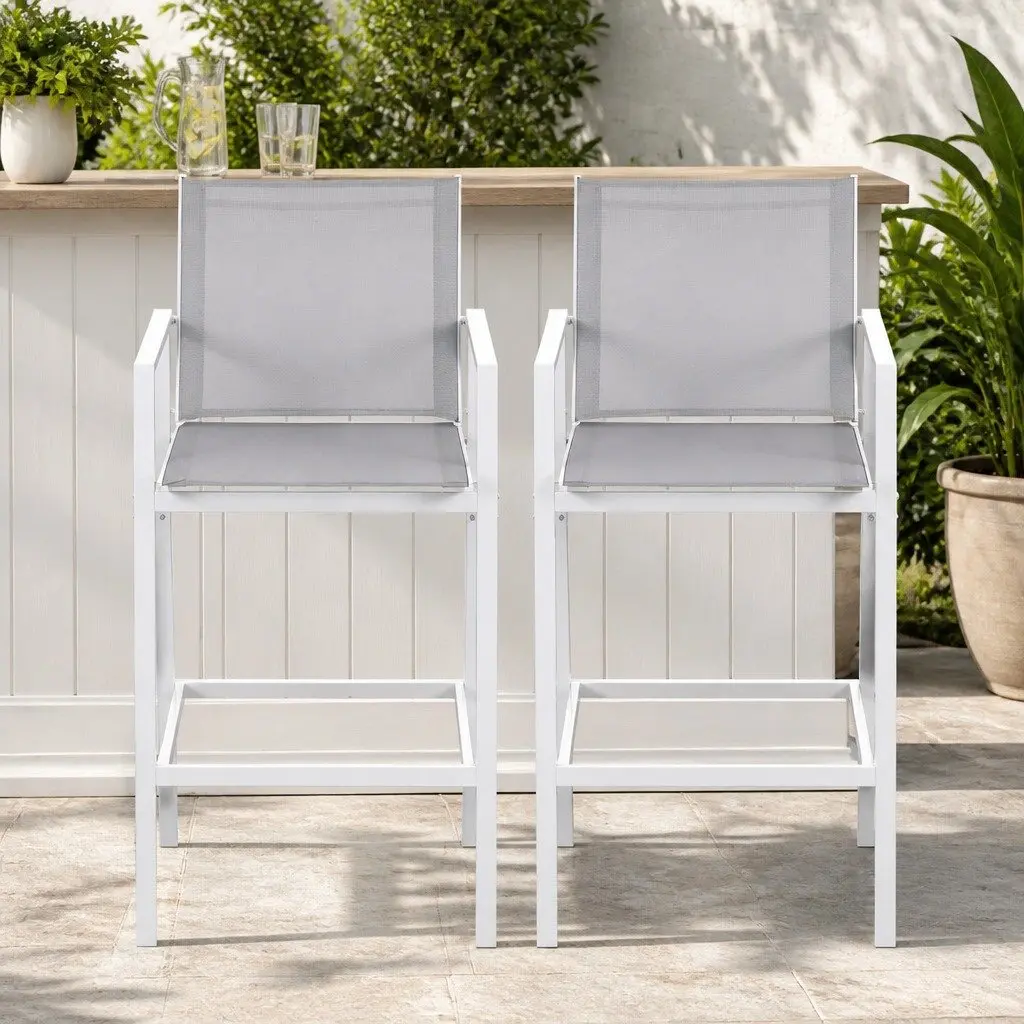 Outdoor Bar Stools for Patio Garden White Steel Textilene 2 Piece